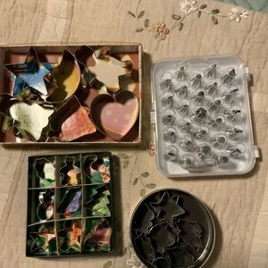 Assorted Cookie Cutters, Decorating Tips Set, stencils for decorating.